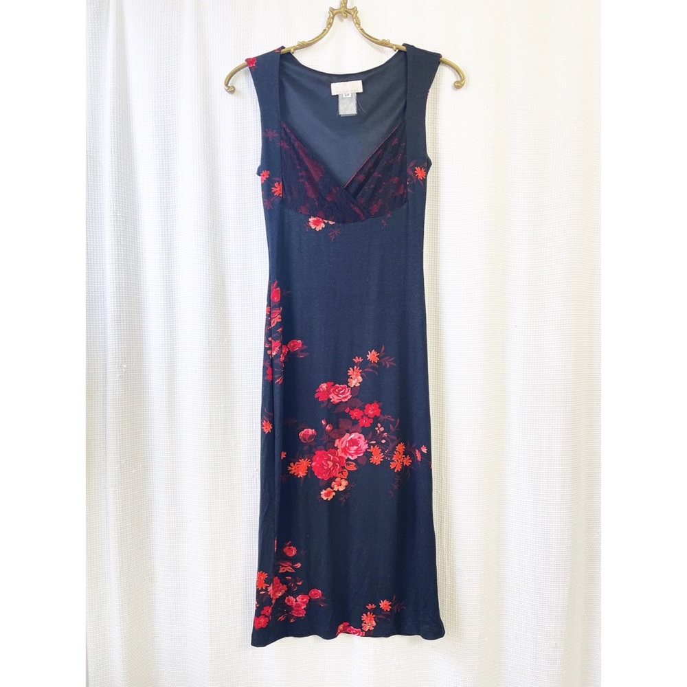 Black and red floral jersey cocktail dress